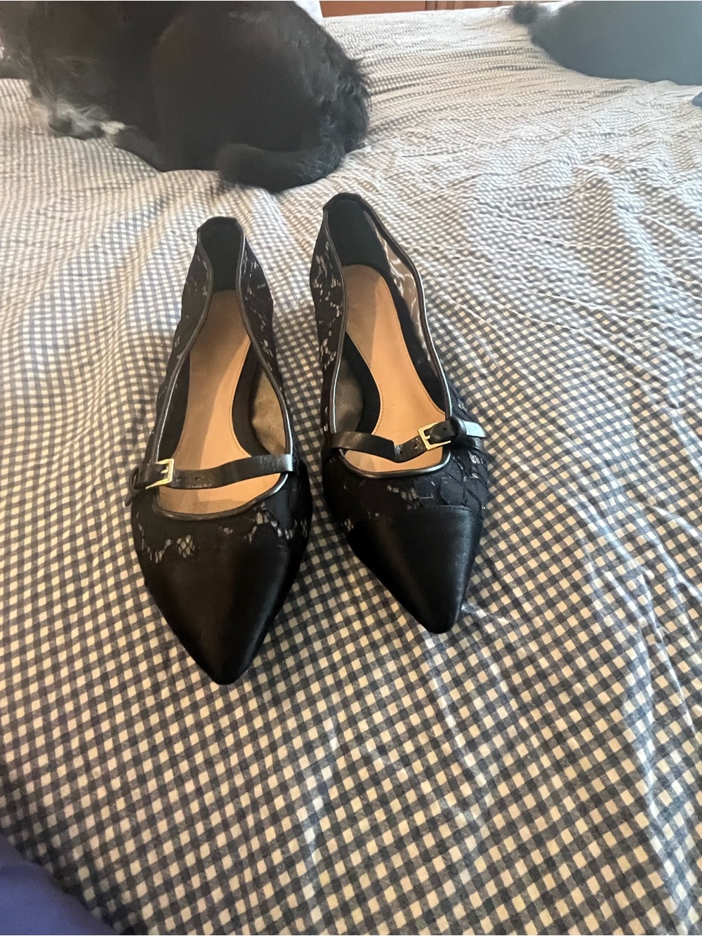 Tory Burch Black Pointed-Toe Lace-Trim Flats with Buckle